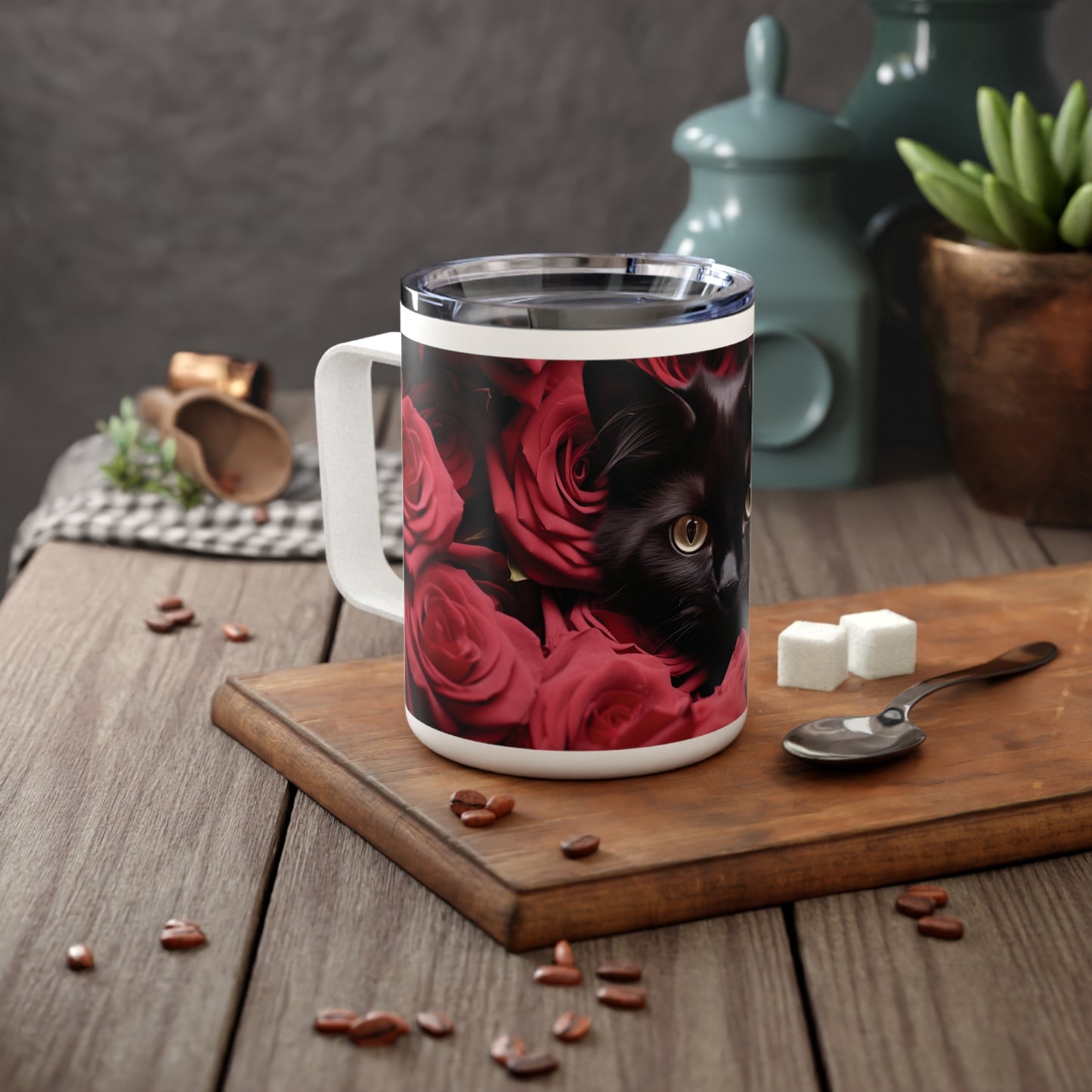 Rose Garden Cat - Custom Insulated Coffee Mug 10oz with Black Cat and Red Roses
