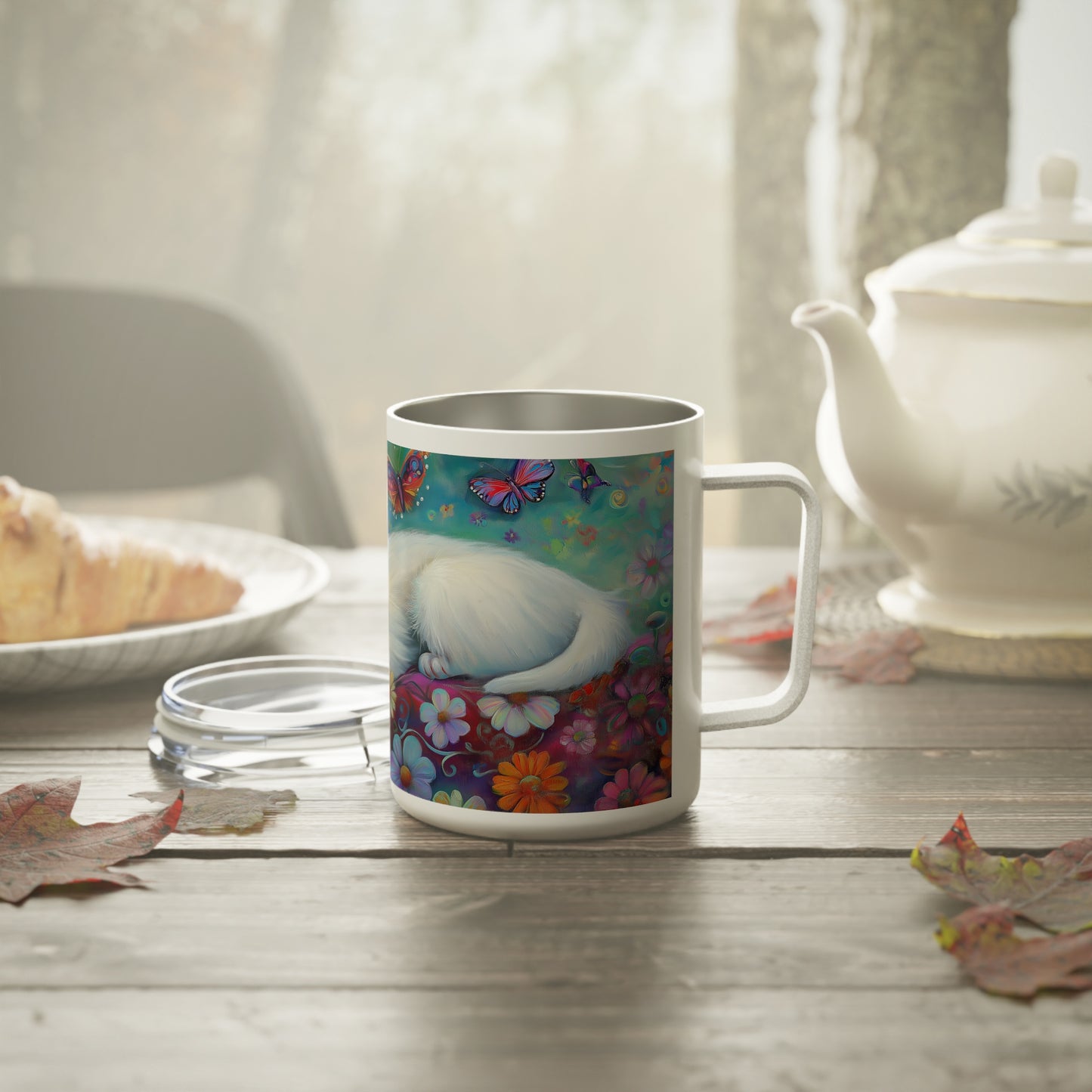 Butterfly Dreams Cat Insulated Coffee Mug 10oz Stainless Steel Travel Cup with Floral and Whimsical Art Design