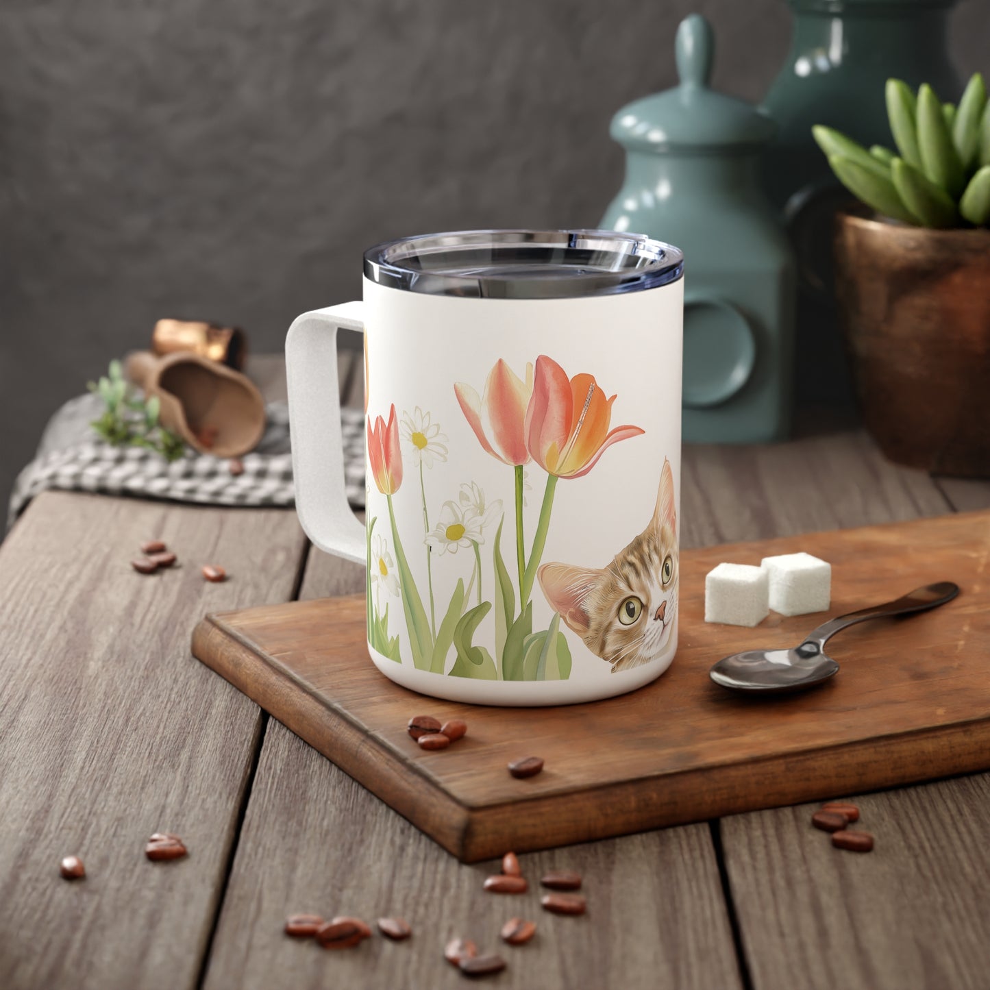 Spring Meadow Cat Coffee Mug 10oz Insulated Travel Mug with Lid, Cat Lover Gift, Floral Watercolor Stainless Steel Tumbler
