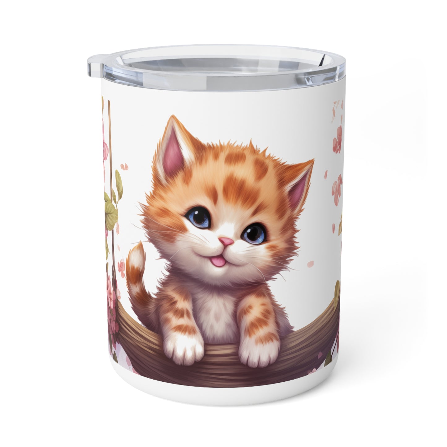 Blossom Swing Kitten Coffee Mug 10oz Insulated Travel Mug, Cute Cat Lover Gift, Floral Art Stainless Steel Cup, Designed by Sol