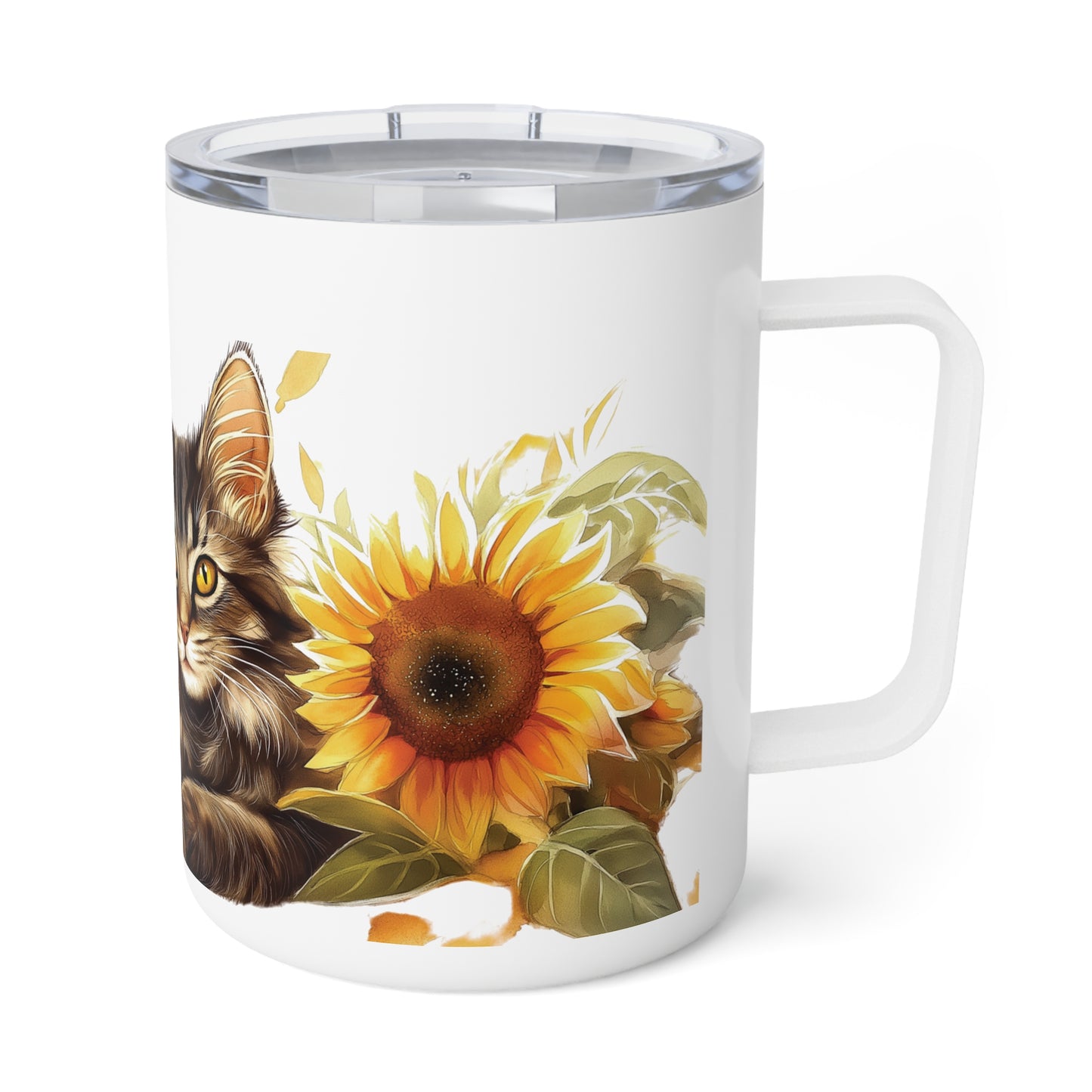 Sunflower Bliss Cat Coffee Mug 10oz Insulated Travel Mug with Lid, Cat Lover Gift, Stainless Steel Tumbler, Sunflower Art Design